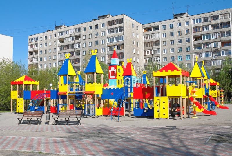 New children`s play complex in city architecture stock photos New children`s play complex in city architecture stock photos