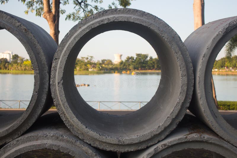 Concrete Drainage Pipes Stacked on Construction Site, Can Use Ba Stock Image Image of line