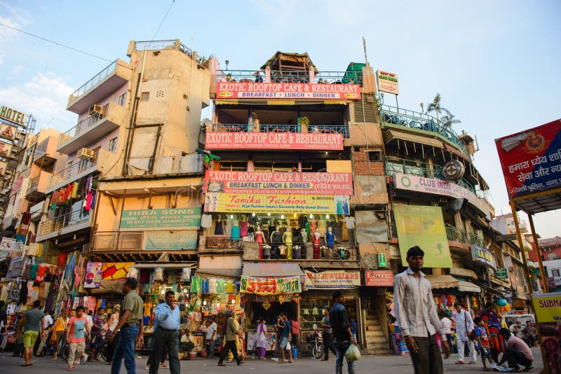 New Delhi, India - April 10, 2016 : Unidentified people visit Paharganj Main Bazaar market stock photo New Delhi, India - April 10, 2016 : Unidentified people visit Paharganj Main Bazaar market stock photo