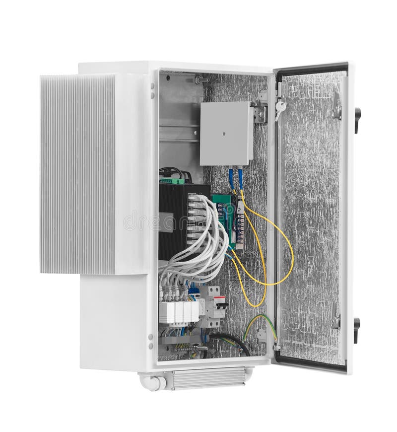 New electrical box contains many terminals, relays, wires and switches isolated on white background. stock photography New electrical box contains many terminals, relays, wires and switches isolated on white background. stock photography
