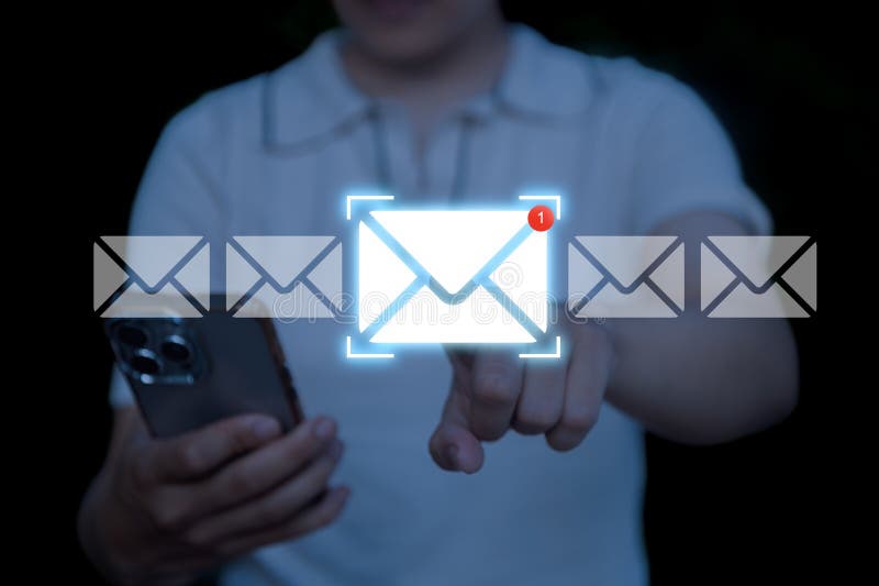 New email notification concept, business email communication, digital marketing , woman entrepreneur receives email notification stock image