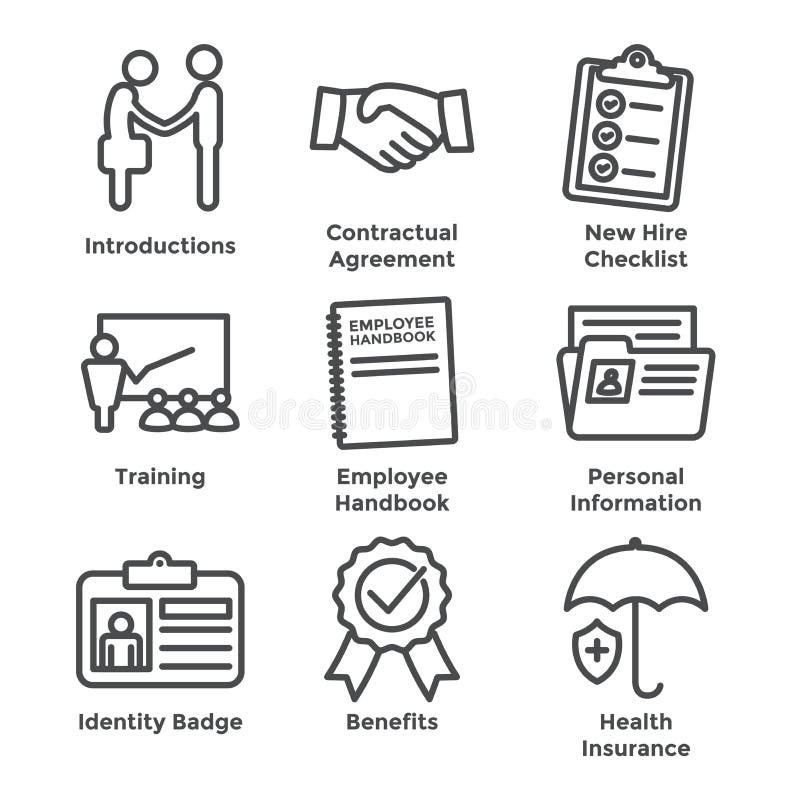 New Employee Hiring Process icon set w checklist, handshake, t royalty free illustration