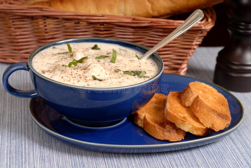 New England Chowder in a blue bowl