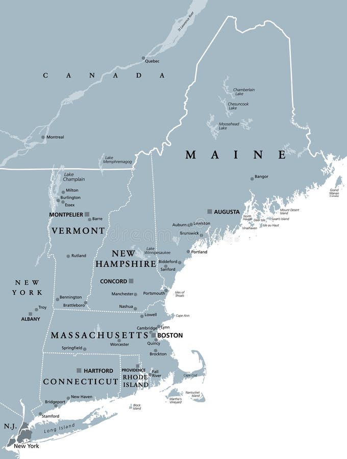 New England Region Of The United States Gray Political Map Stock