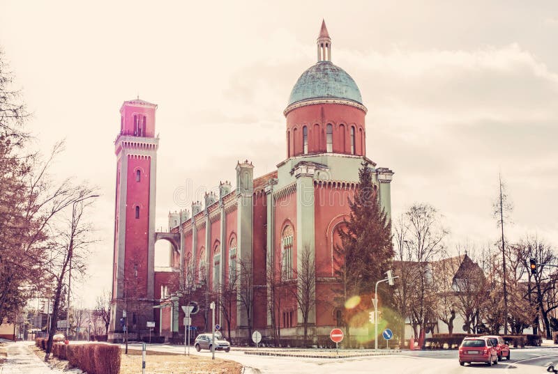 New evangelical church in backlight, Kezmarok, retro filter