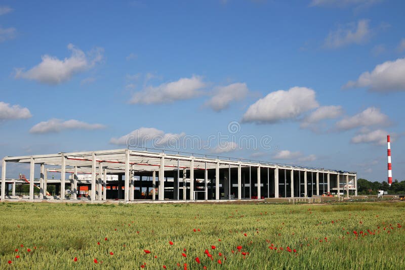 New Factory on Green Field Construction Site Stock Image Image of