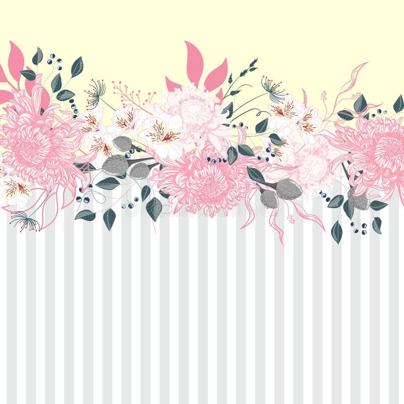 Horizontal striped pattern with chrysanthemum, leaves and herbs. Cute wedding floral design frame. royalty free illustration Horizontal striped pattern with chrysanthemum, leaves and herbs. Cute wedding floral design frame. royalty free illustration