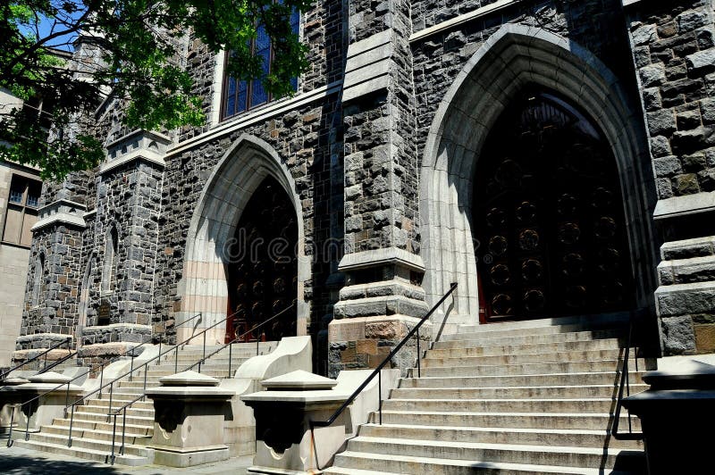 New Haven, Connecticut - June 19, 2013: Entrance steps and doorways at St. Mary`s Catholic Church on Hillhouse Avenue. New Haven, Connecticut - June 19, 2013: Entrance steps and doorways at St. Mary`s Catholic Church on Hillhouse Avenue