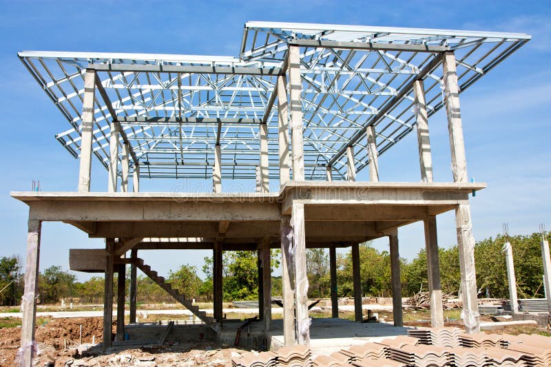 New home underconstruction with steel roof structure
