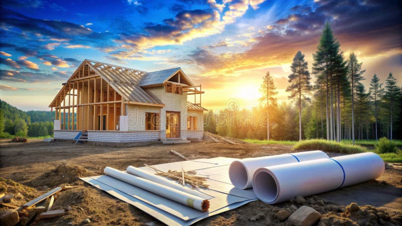 New Home Construction at Sunset, Wood Frame House, Building Materials, Home Building , Construction Site stock illustration