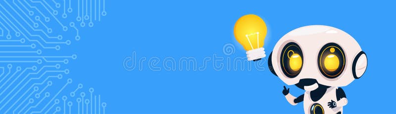 New Idea Concept Robot Hold Light Bulb Over Circuit Background With Copy Space stock illustration