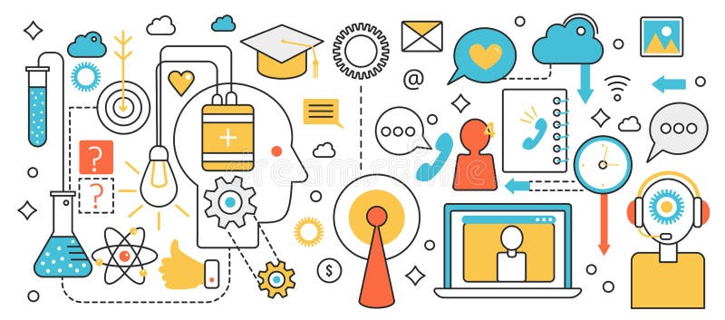 New idea generation technology, creation process in human brain of abstract head stock illustration