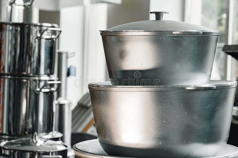 New Industrial Cooking Pots on Proffesional Kitchen Stock Image Image