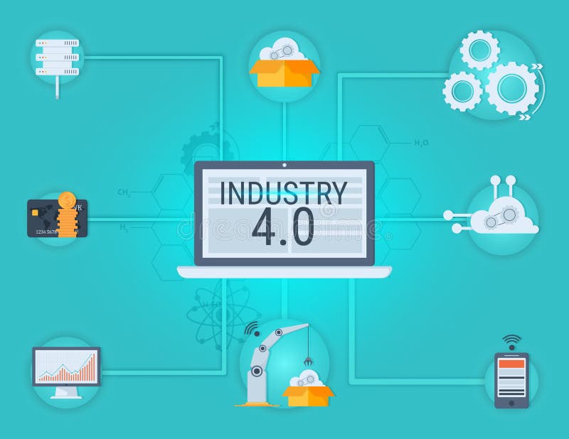 New Industrial Revolution. Industry 4.0 banner: smart industrial revolution, automation, robot assistants, iot, cloud and bigdata.