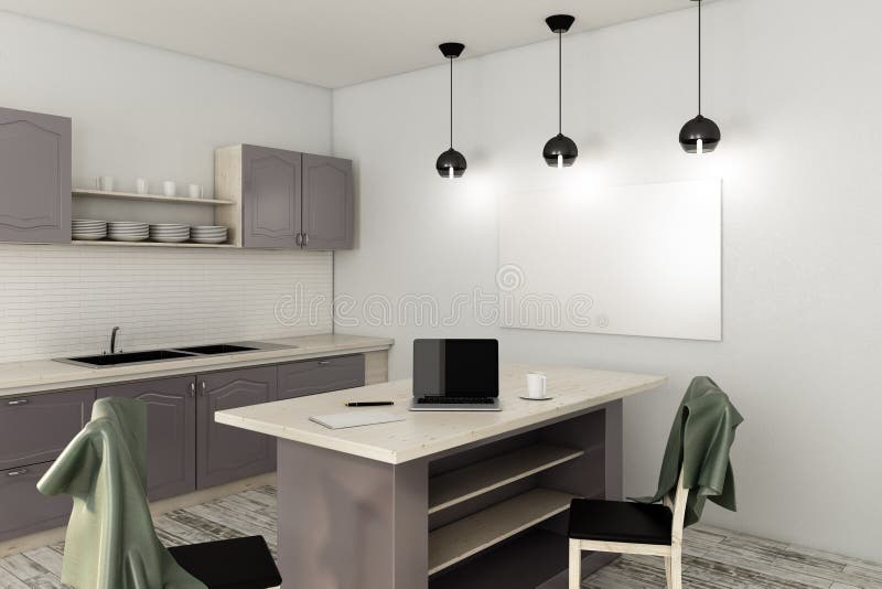 New kitchen with laptop stock illustration. Illustration of digital