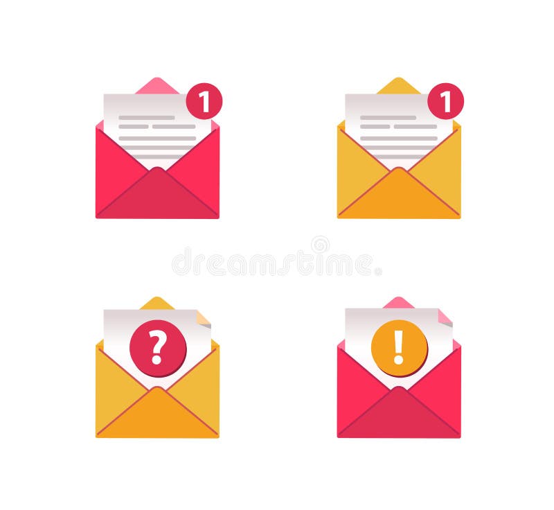 New Message icons set. Open mail paper envelope, exclamation and question mark. vector illustration