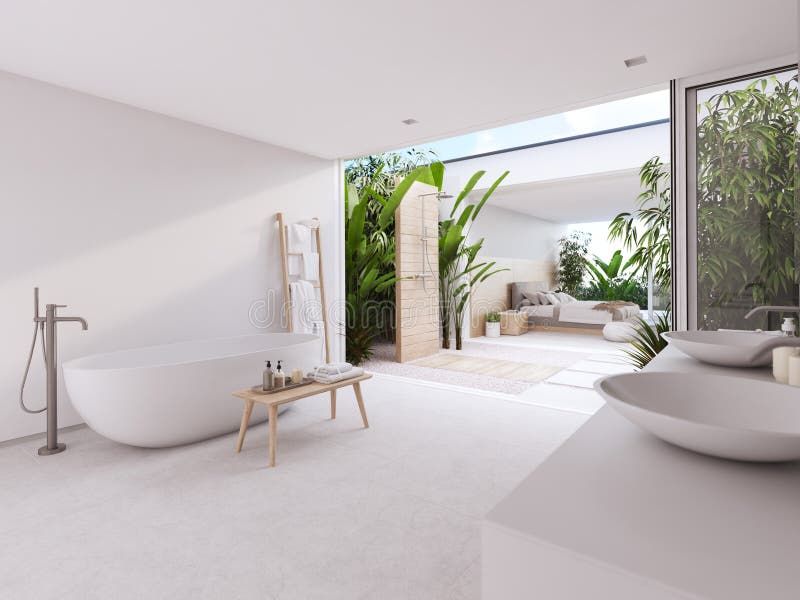 New modern zen bathroom with tropic plants. 3d rendering