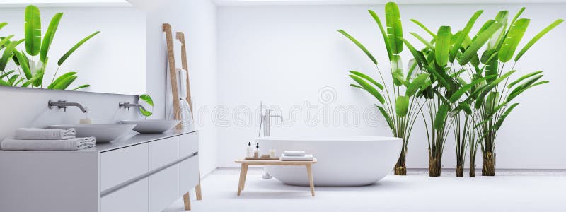 New modern zen bathroom with tropic plants. 3d rendering