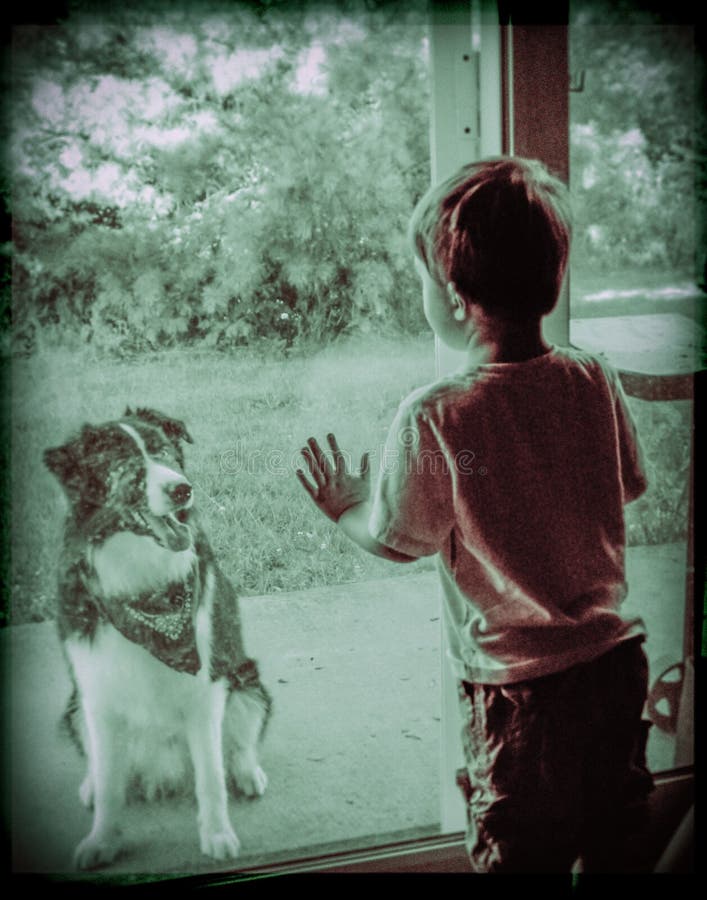 Stile Vintage foto di un giovane ragazzo prima riunione attraverso una finestra con i nuovi vicini di casa del cane.