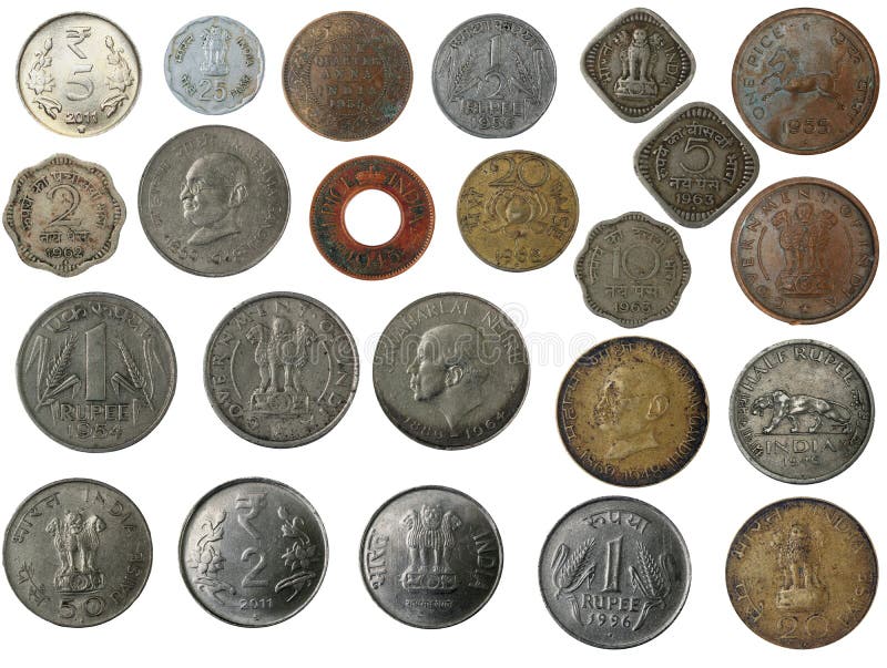 New and old indian coins in silver, copper, brass