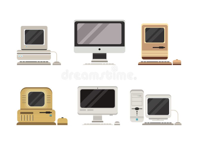 New and Old Retro Computer Device with Monitor Vector Set stock illustration
