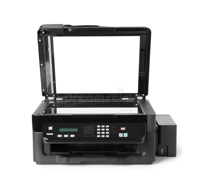 New Open Printer Isolated on White, Top View Stock Photo Image of
