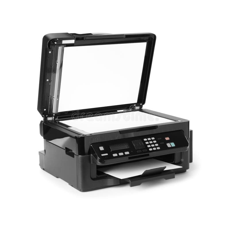 New Open Printer Isolated on White, Top View Stock Photo Image of