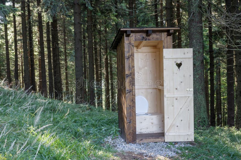 New Open Wooden Outdoor Toilet, Outhouse in Forest in Beskid Mountains ...