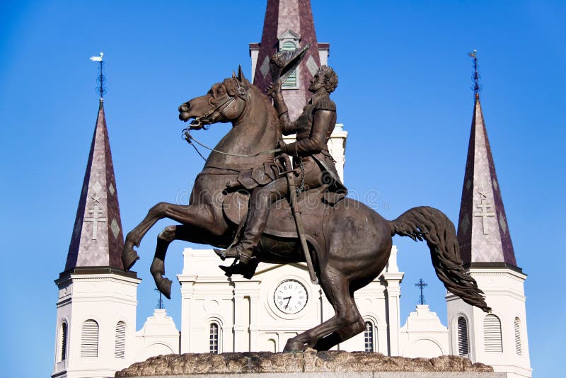 Historic St. Louis Cathedral is the backdrop for this statue of Andrew Jackson, located in the middle of Jackson Square, in the world famous French Quarter of New Orleans, Louisiana. Historic St. Louis Cathedral is the backdrop for this statue of Andrew Jackson, located in the middle of Jackson Square, in the world famous French Quarter of New Orleans, Louisiana.
