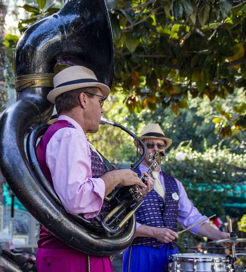 New Orleans Jazz Band tuba Player performs at Disneyland, Anaheim, California