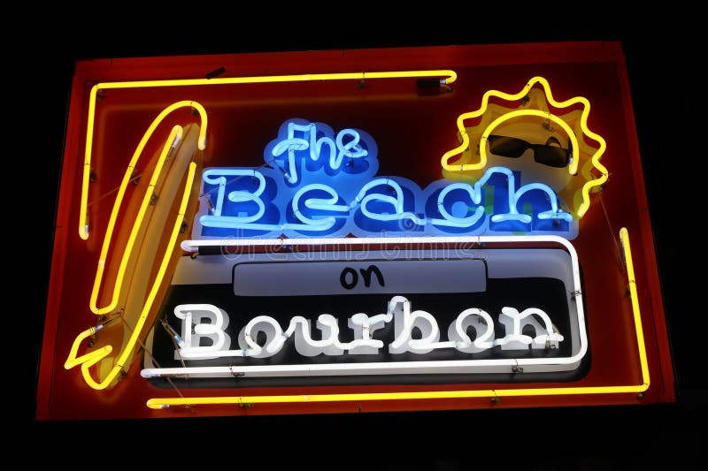 New Orleans LA Feb 14 2025 Bright neon sign The Beach on Bourban royalty free stock image