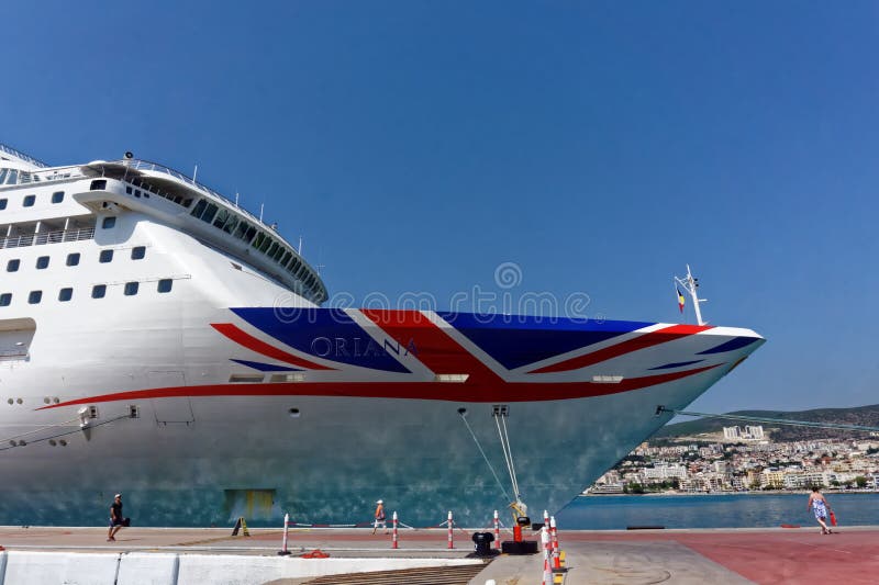 The bow of the P and O cruise ship Oriana in port and displaying the cruise line's recently adopted Union Jack style logo. P. The bow of the P and O cruise ship Oriana in port and displaying the cruise line's recently adopted Union Jack style logo. P