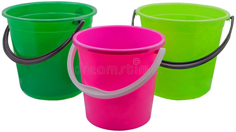 four colorful plastic buckets with handles on a dark background.  AI-Generated 33428160 Stock Photo at Vecteezy