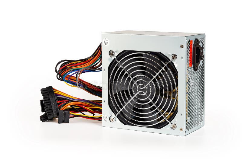 New power supply unit with fan grill, colorful wires with connectors, On Off button and power cord socket isolated on white background. Personal computer PSU replasing, hardware equipment. Close-up