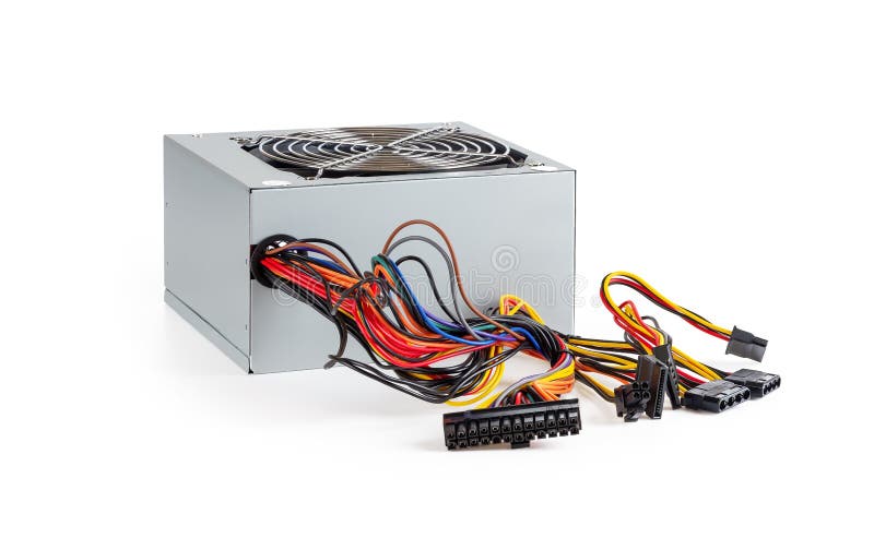 New power supply unit with a lot of colorful wires and connectors isolated on white background. Personal computer PSU replacement stock image