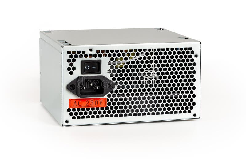 New power supply unit with On Off switch, power cord socket and voltage sticker isolated on white background. royalty free stock photography