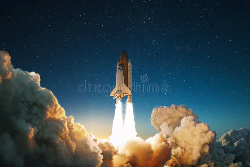 New Ship flies to another planet. Spaceship takes off into the starry sky. Rocket starts into space. Concept.