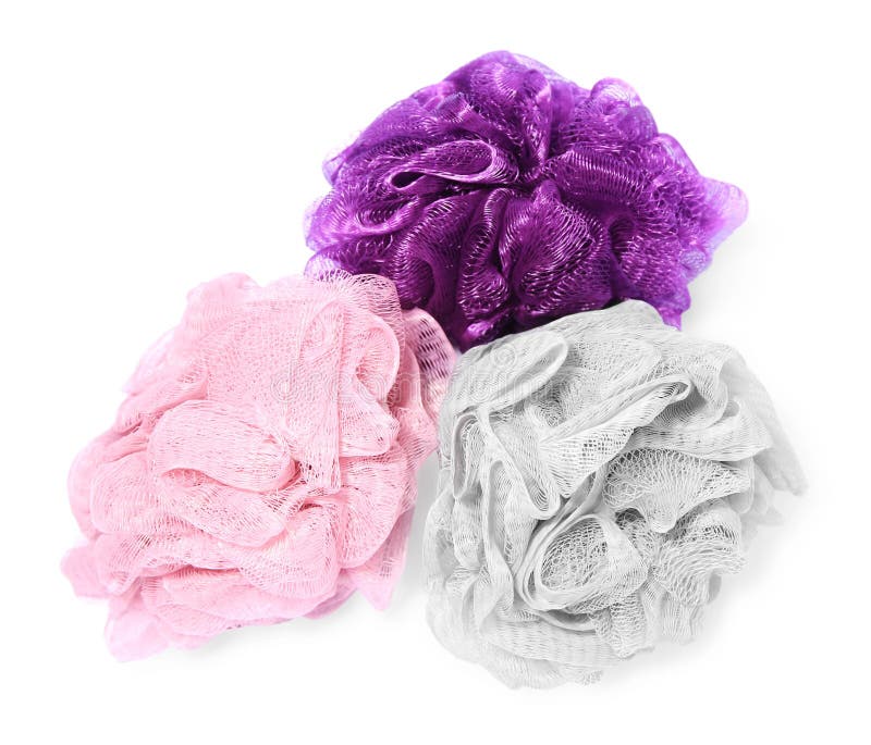 New Shower Puffs on White Background. Personal Hygiene Stock Image