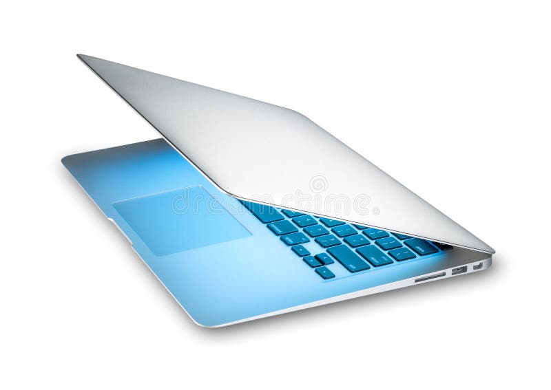 New silver laptop in aluminum isolated on white. stock photography