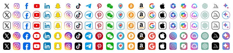 New social network buttons, social media, tech company and ai web icon set, Facebook, Instagram, YouTube, TikTok, Chatgpt stock illustration