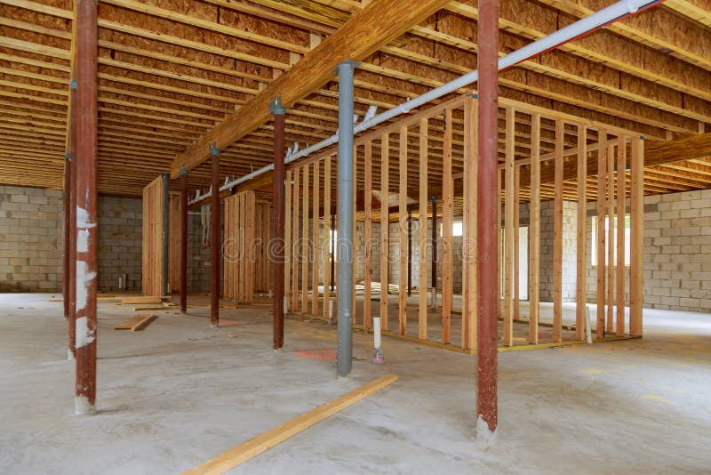 A new stick built interior construction basement renovation stock images