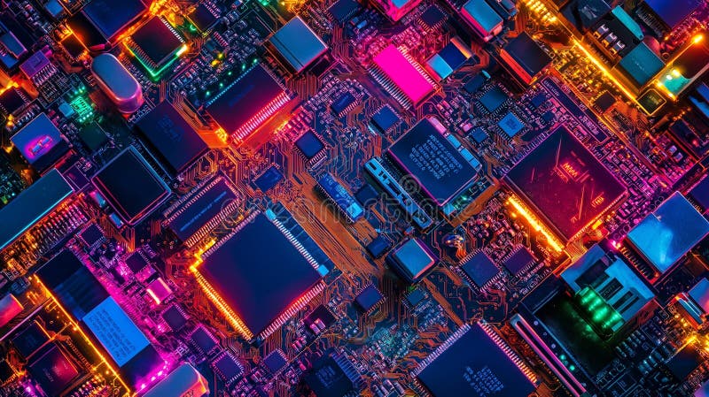 New Technologies: A kaleidoscopic blend of circuit boards, microchips, and glowing neon lights stock image