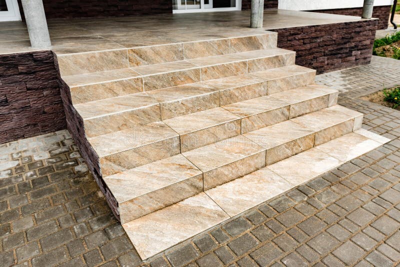 New Tile Installation on Steps with a Landing. Stock Photo Image of material, setting 220472754