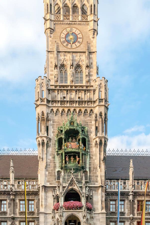 New Town Hall Tower, Clock and Glockenspiel in Munich, Germany Stock