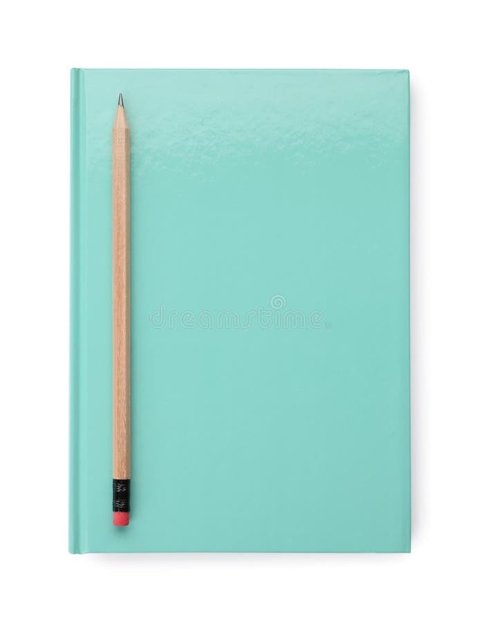 New turquoise planner with pencil isolated on white, top view stock images