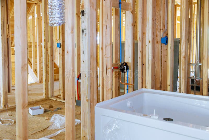 New Under Construction Bathroom with Interior Framing of Bathroom Stock