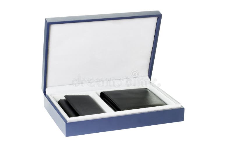 New black wallet and key case in gift box on white backgrpound. New black wallet and key case in gift box on white backgrpound