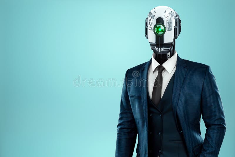 New workforce, Robot head suit worker, cyborg, office worker. Robotics, new normal, future, technology, modern design, magazine royalty free stock image