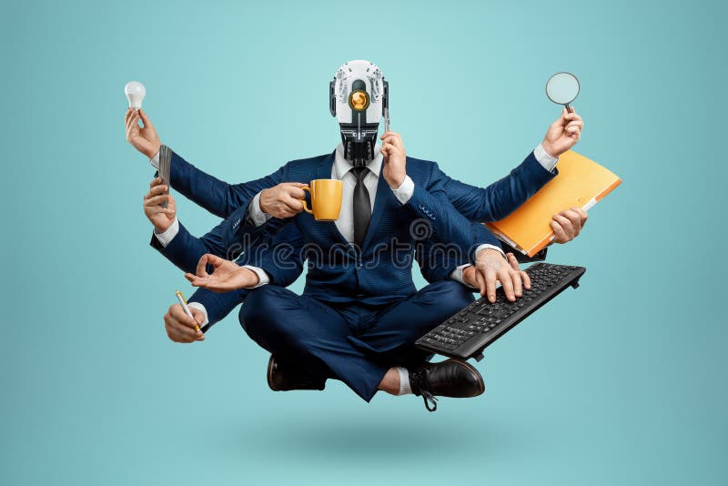 New workforce, Robot many hands in a suit, office worker. Robotics, speed, superiority, new normal, future, technology, modern royalty free stock photos