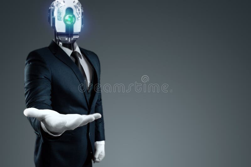 A new workforce, a robot in a suit lends a hand. Robotics, speed, superiority, new normal, future, technology, modern design, magazine style. mixed media.